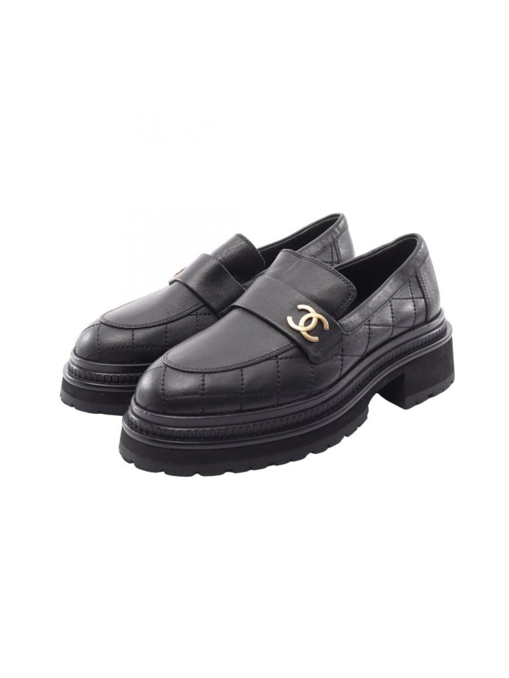 Chanel Loafers CC Logo Quilted Black Leather
